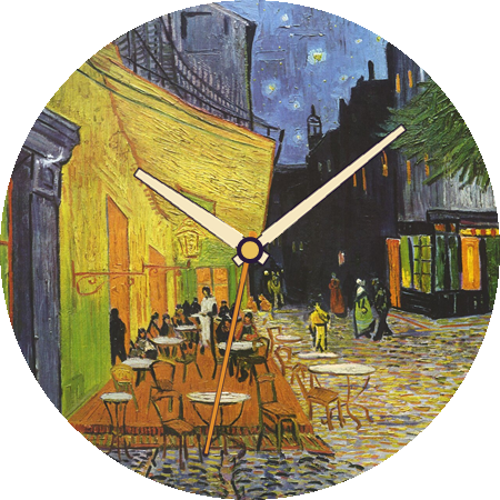 Café Terrace at Night rendered as a round analog watch face with cream and amber hands.
