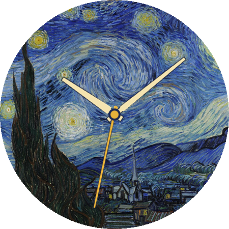 The Starry Night rendered as a round analog watch face with pale-gold hands.