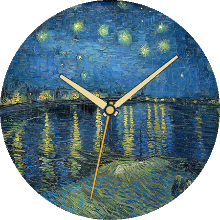Starry Night Over the Rhône rendered as a round analog watch face with pale-gold hands.