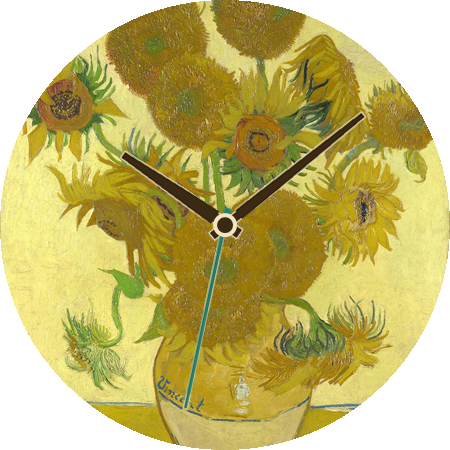 Sunflowers rendered as a round analog watch face with dark, cream-rimmed hands.